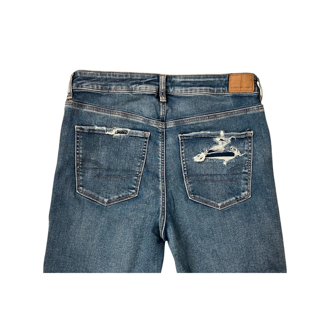 American Eagle Womens‎ High Waisted Blue Distressed Skinny Jeans Long Size 14 - Picture 7 of 10